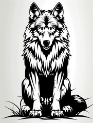 Fototapeta premium A black and white drawing of a wolf sitting on the ground. The wolf has a fierce expression on its face and its fur is long and fluffy. Concept of strength and power, as well as a wild