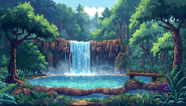 landscape in pixel art style, featuring a majestic waterfall cascading down into a clear