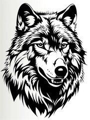 Fototapeta premium A wolf with a black snout and white fur. The wolf has a black mouth and is smiling