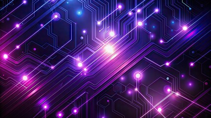 Obraz premium Dark purple gradient background with futuristic circuit board patterns, glowing neon lines, and abstract tech shapes, conveying innovation and digital advancement.