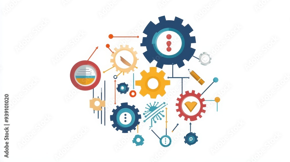 Poster colorful gears and cogs interconnected in a mechanical concept, representing teamwork, engineering, 
