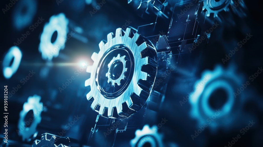 Poster close-up view of interconnected gears in motion symbolizing teamwork, technology, and mechanics. per