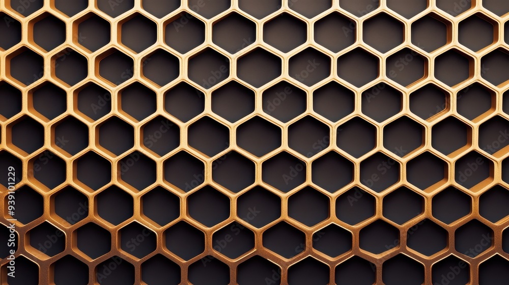 Aufkleber Close-up view of a golden honeycomb structure with hexagonal pattern, ideal for backgrounds, texture, and design concepts.
