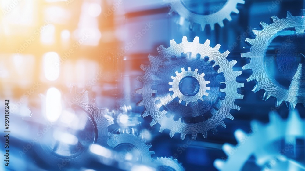 Poster close-up of metallic gears in motion, showcasing industrial engineering and precision mechanics with