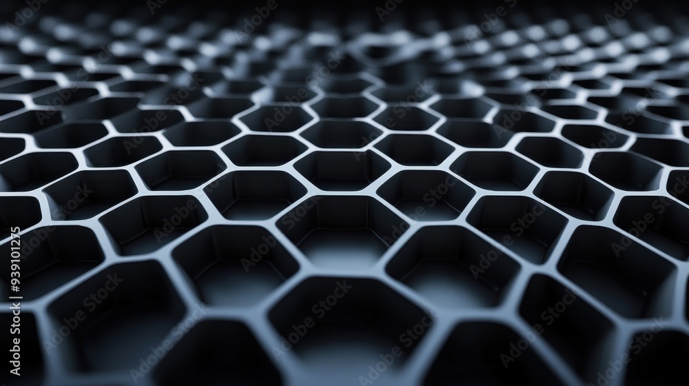 Poster Close-up of hexagonal patterns creating a futuristic, abstract texture with a dark, metallic feel, perfect for backgrounds and design concepts.