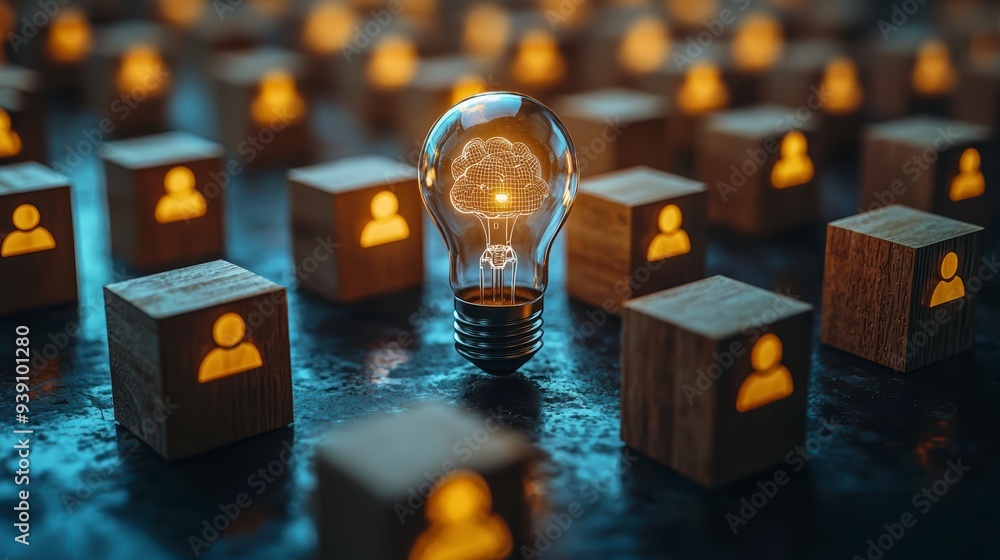 Poster the introduction of ai with the digital brain in a light bulb for ai against a person and innovation