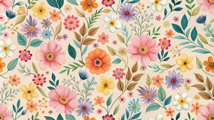 Delicate, colorful blossoms on a light background create a beautiful, simple, and seamless floral pattern, perfect for textures, wallpapers, or design elements.