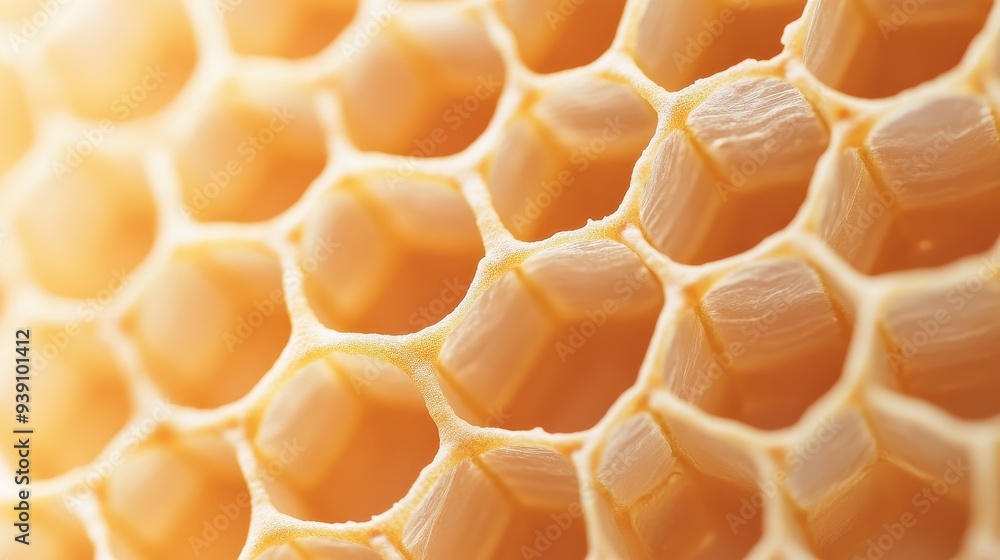 Poster close-up of a vibrant and detailed honeycomb. perfect for themes related to nature, architecture, an