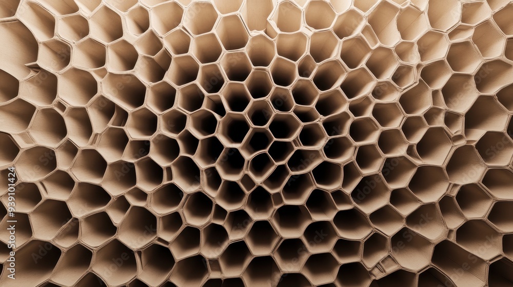 Fototapete Close-up of a honeycomb structure showing intricate patterns and geometric shapes, resembling natural hexagonal patterns found in beehives.