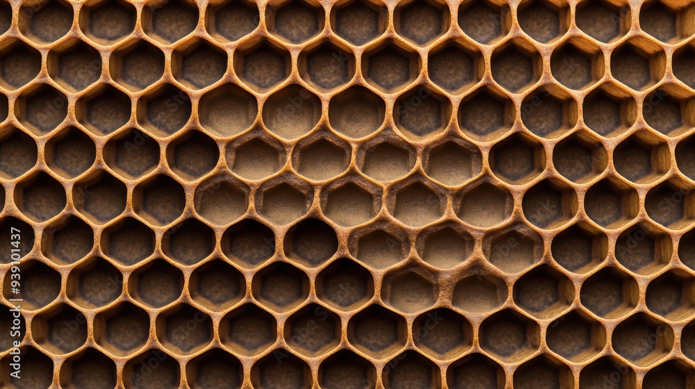 Poster close-up of a honeycomb structure showing detailed hexagonal cells of a beehive. natural geometric p