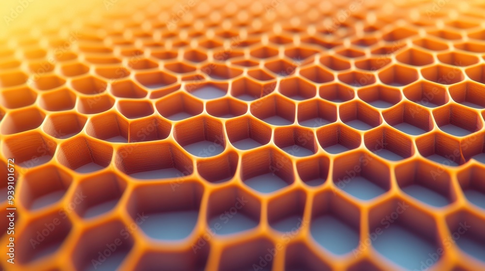 Poster Close-up image of honeycomb structure showcasing hexagonal shapes in a vibrant golden color pattern, perfect for nature and pattern themes.