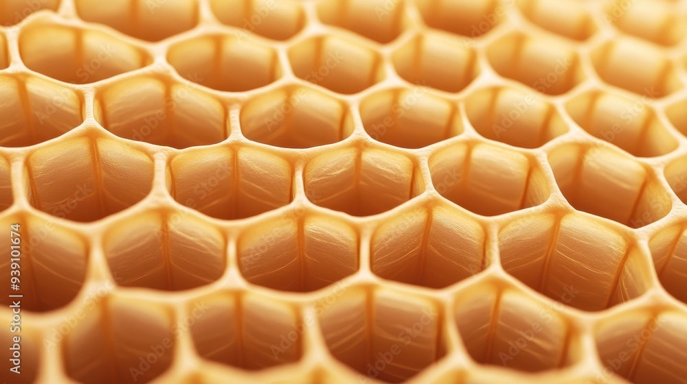 Poster Close-up of a honeycomb structure, showcasing hexagonal cells made by bees, highlighting the natural geometric pattern and organic architecture.