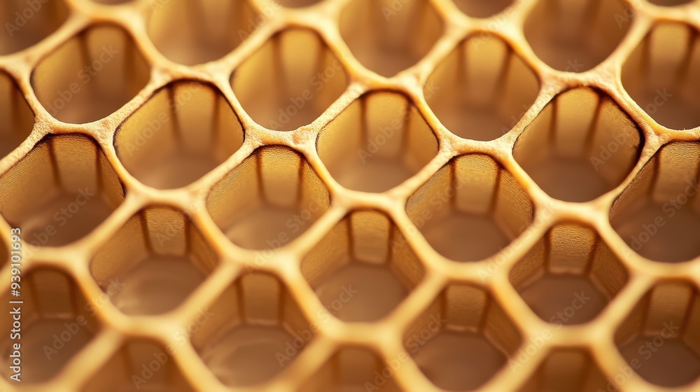 Poster Close-up image of a honeycomb showing its intricate, hexagonal structure. Perfect for backgrounds, textures, and design inspiration.