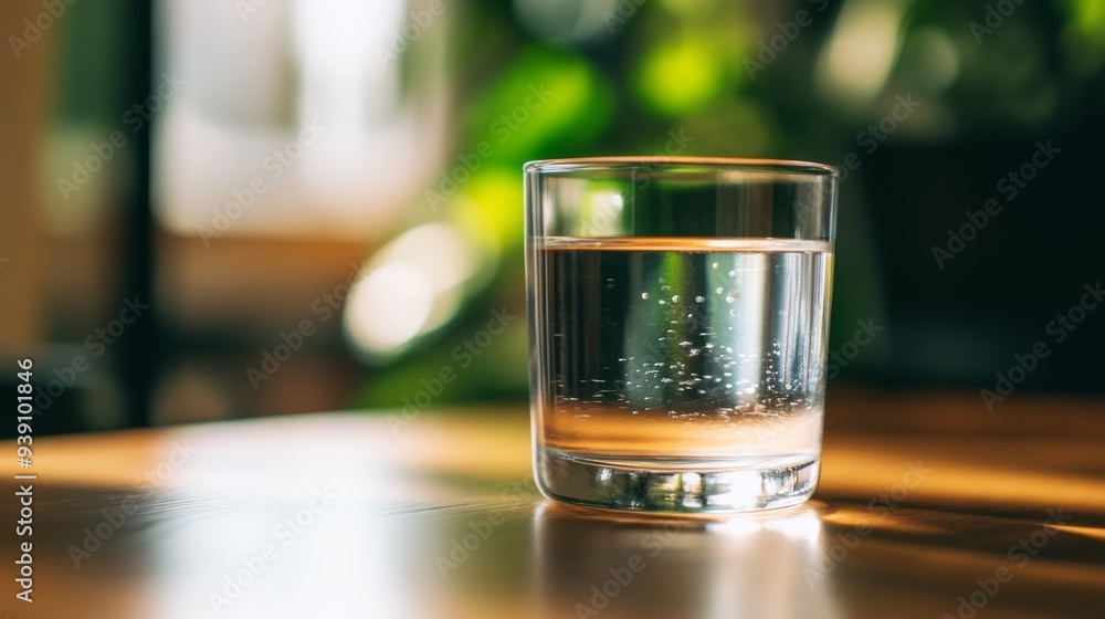 Poster detailed shot of a glass of water with a soft focus background and a gentle ripple on the surface