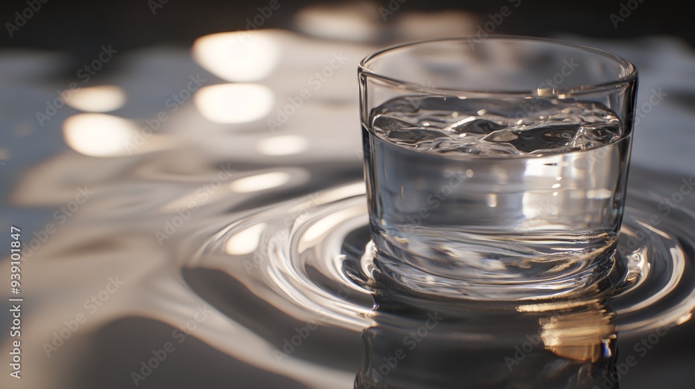 Poster detailed shot of a glass of water with a soft focus background and a gentle ripple on the surface