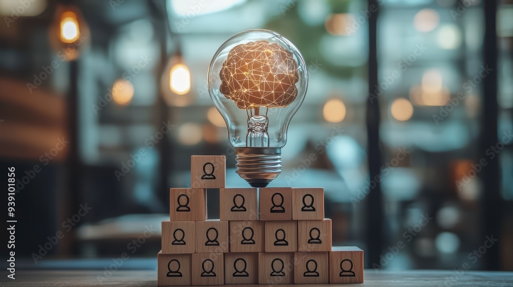 Poster the introduction of ai with the digital brain in a light bulb for ai against a person and innovation