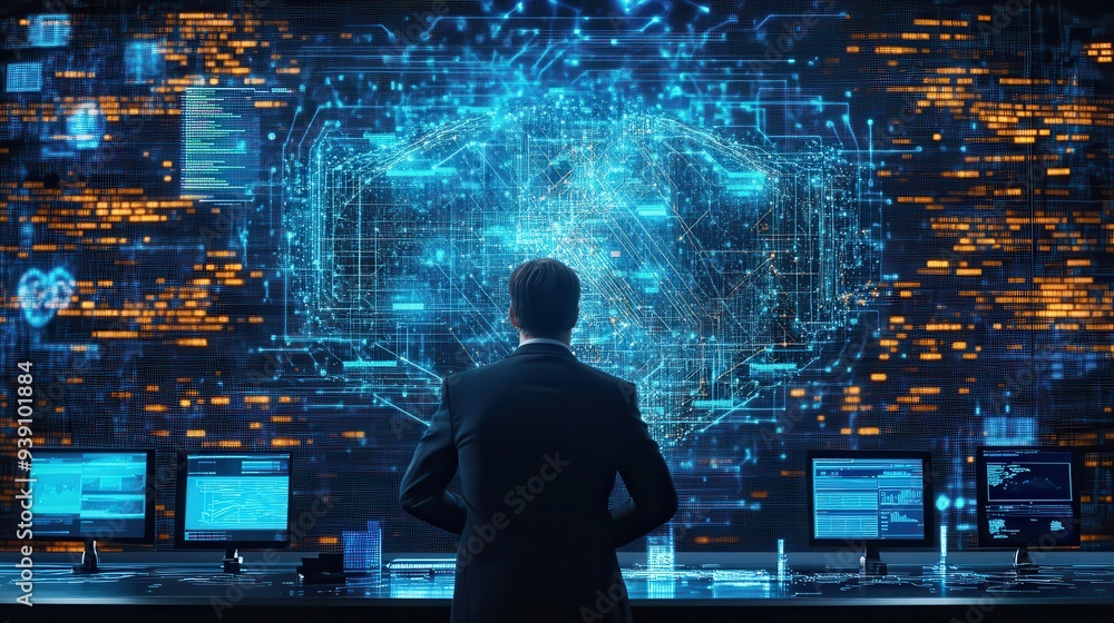 Poster businessman analyzing futuristic digital screen with holographic data, technology interface for big 