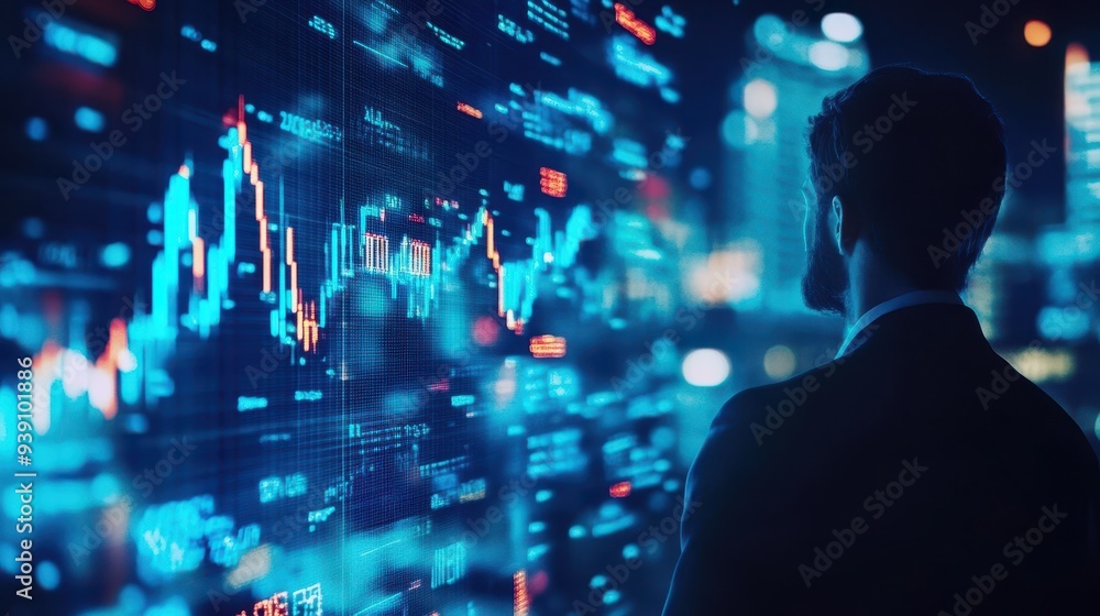 Fototapete businessman analyzing financial data on a large screen displaying stock market charts and graphs in 