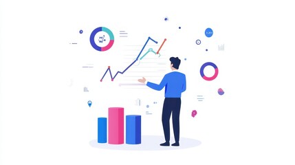 Businessman analyzing financial data with rising graph and charts, depicting revenue growth and success. Concept of financial analysis.