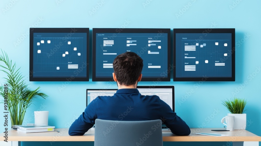 Aufkleber Business professional working on multiple monitors in a modern office setting, analyzing data and engaging in project management.