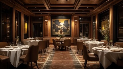 Obraz premium Elegantly Set Tables in a Luxurious, Wood-Paneled Dining Room