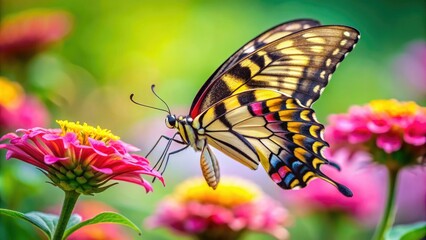 Obraz premium Delicate Asian swallowtail butterfly with yellow and black wings, perched on a bright pink flower, against a soft blurred green background.