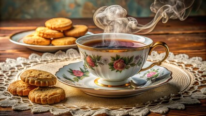 Fototapeta premium Delicate ceramic tea cup and saucer sit on a fancy decorative plate, surrounded by steaming hot tea and a few sweet biscuits on a lace tablecloth.
