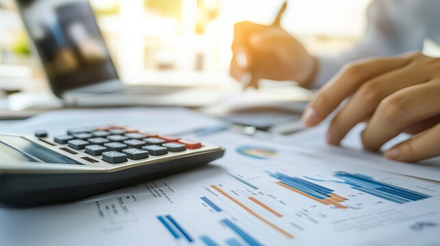 Auditor and accountant team collaborating in an office analyzing financial data and accounting records with a calculator The accounting firm offers financial and tax planning services for