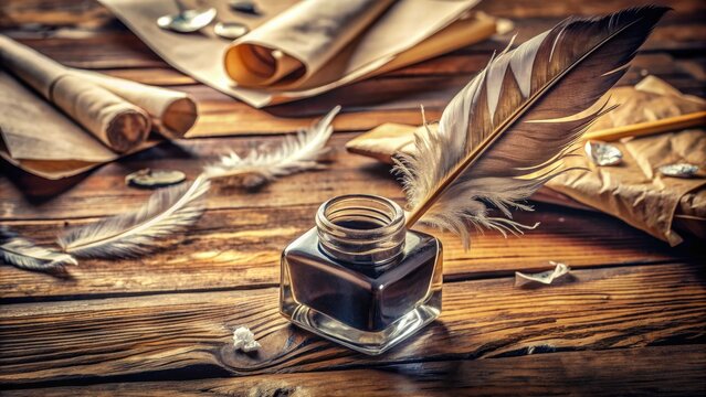Delicate feather pen nib dips into a vintage inkwell, surrounded by scattered papers and empty quills, evoking a sense of nostalgia and literary creativity.