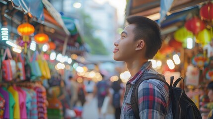 An Asian young adult exploring a busy street market with vibrant stalls