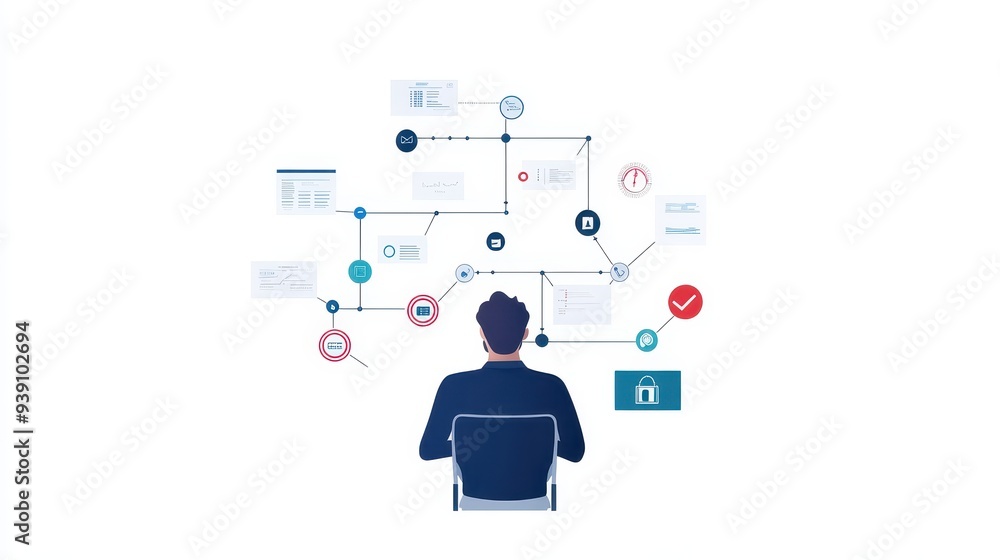 Poster back view of a man analyzing data flow and network connections concept on a white background, repres