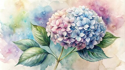 Delicate hand-drawn illustration of a beautiful hydrangea flower with intricate petals and stems, surrounded by subtle watercolor textures and soft, pastel hues.