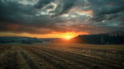 Sunset over a freshly plowed field in a tranquil rural landscape.