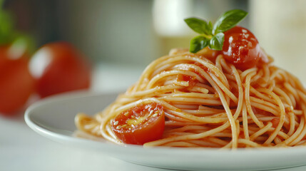 close up spaghetti with fresh tomatoes and parmesan