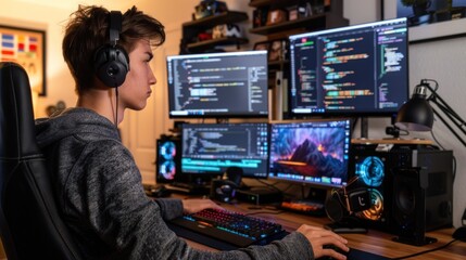 A young adult coding on a computer with multiple monitors in a tech setup