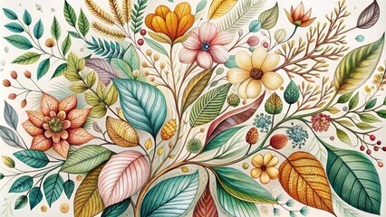 Delicate line art illustrations of leaves, flowers, and branches intertwine, forming a whimsical and intricate design that celebrates the beauty of nature's organic forms.