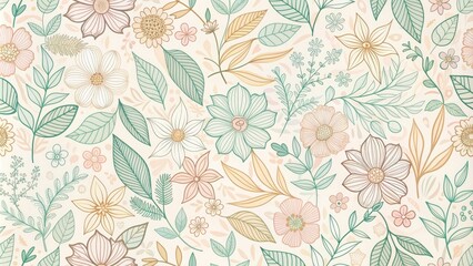 Delicate outline of intricate flowers and leaves in soft pastel colors forms a beautiful seamless pattern, perfect for backgrounds and designs.