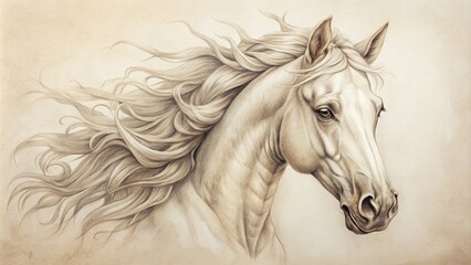 Delicate pencil sketch of a majestic horse's head, showcasing intricate details and textures, set against a soft, creamy white background, evoking a sense of elegance.