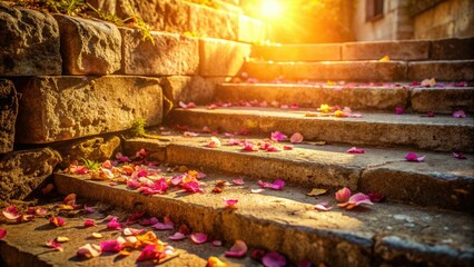 Fototapeta premium Delicate petals scattered across worn stone steps, forgotten blooms softly illuminated by warm sunlight, evoking a sense of fleeting beauty and nostalgic wistfulness.