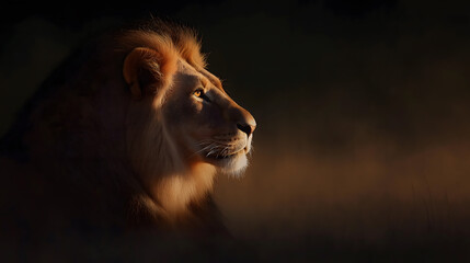 Naklejka premium A Majestic Lion Illuminated in the Night: A Captivating Photo of a Lion Under Soft Lighting, Showcasing the King of the Jungle's Grace and Power in the Darkness