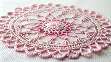 Obraz premium Delicate pink doily with intricate lace details and subtle sheen, resting on a soft, white background, evoking a sense of vintage femininity and elegance.