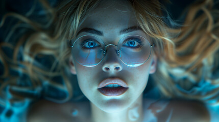 Young woman with wide eyes and glasses.