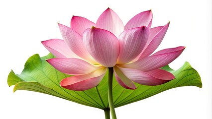 Fototapeta premium Delicate pink lotus flower with subtle green stem and leaves, isolated on a clean white background, showcasing its elegant and serene beauty.