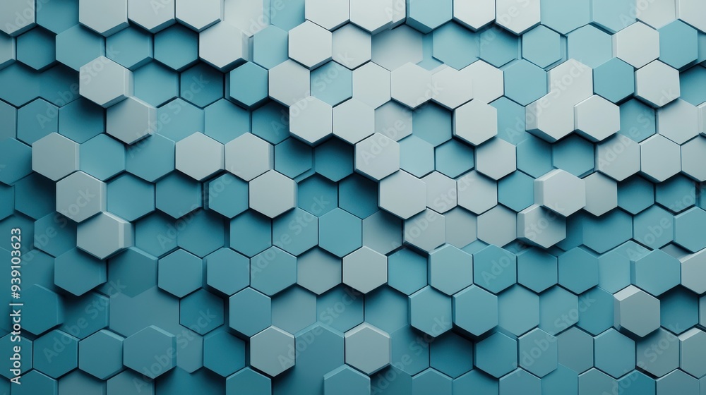 Poster Abstract geometric background with 3D hexagonal shapes in shades of blue, creating a modern and stylish design pattern.
