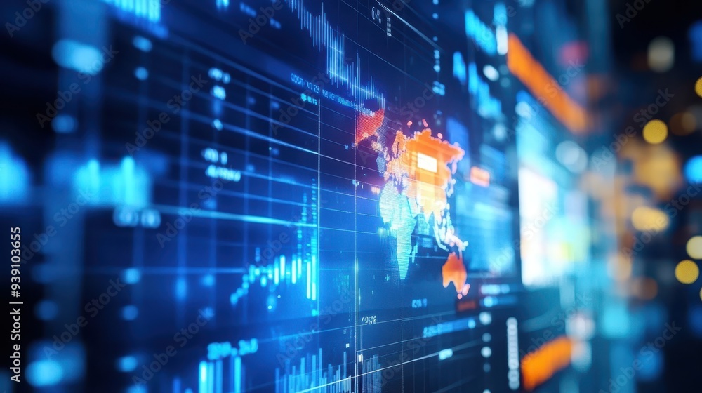 Aufkleber Abstract digital world map with data visualization and technology network. Modern global business analysis concept.