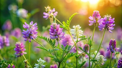 Delicate purple licorice milkvetch flowers bloom amidst lush green foliage in a serene meadow, capturing the ephemeral beauty of a fleeting summer morning.