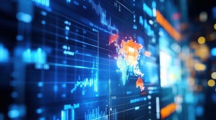 Fototapeta premium Abstract digital world map with data visualization and technology network. Modern global business analysis concept.