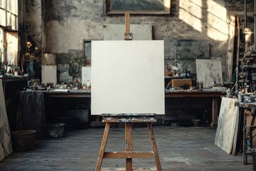 Blank canvas standing on easel in an art studio waiting for a painter