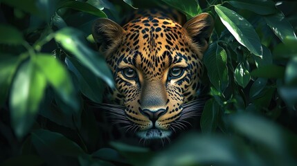 Leopard hiding in jungle looking out from green leaves