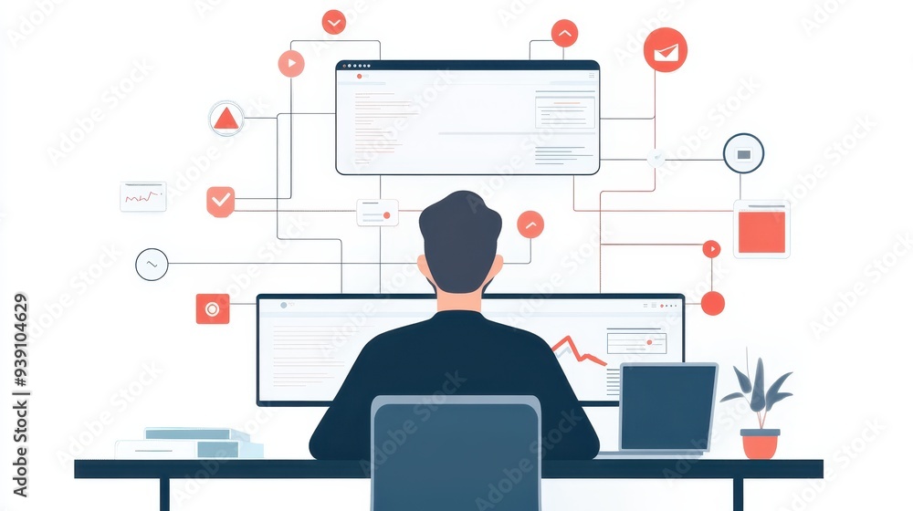 Fototapete A person working at a desk with multiple computer screens displaying data analytics and connected networks in a modern office setting.
